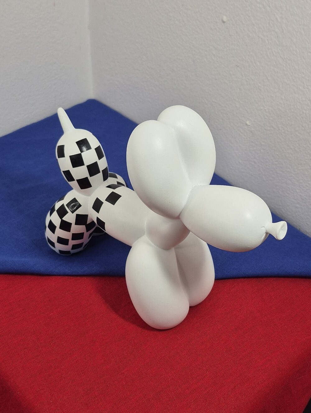 Black and White Checkered Balloon Dog Matte Resin Sculpture 7"x8"